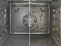 Vorher-Nachher-Vergleich: Ein sauberer Backofen links, ein stark verschmutzter Backofen rechts. So sieht ein Backofen reinigen aus.
