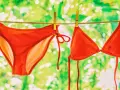 Roter Bikini trocknet an der Wäscheleine. Nach dem **Bikini waschen** duftet er frisch in der Sonne.