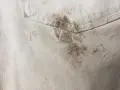 Schmutzige helle Hose mit dunklen Flecken. Tipps, wie man Fettflecken aus Kleidung entfernen kann, sind hier gefragt.