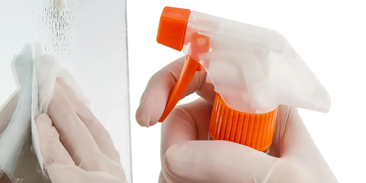 Mit Handschuhen und Sprühflasche werden Kratzer aus Glas poliert. Ein Tuch wischt über die Oberfläche.