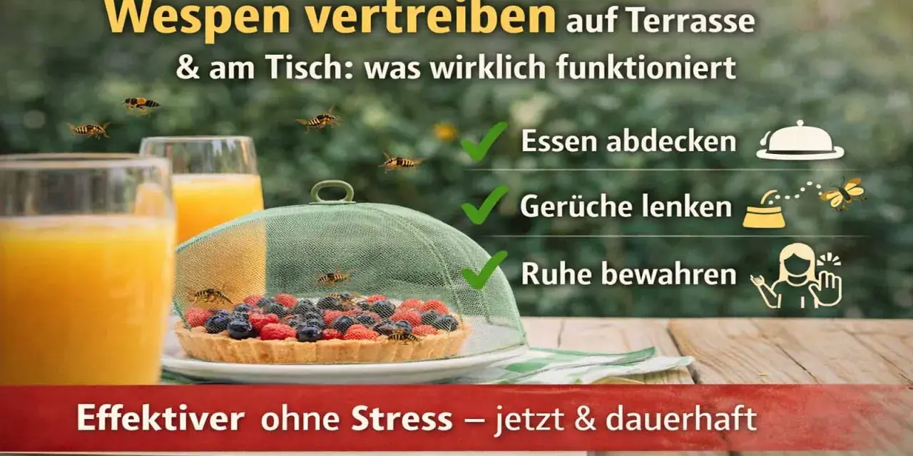 Tipps gegen Wespen: Essen abdecken, Gerüche umlenken, Ruhe bewahren. So vertreiben Sie Wespen effektiv vom Tisch.