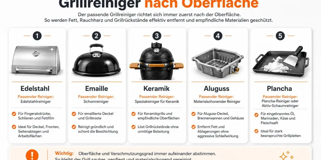 Fünf Grilltypen mit passenden Reinigern: Edelstahl, Emaille, Keramik, Aluguss und Plancha. So gelingt der Grillrost reinigen mühelos.