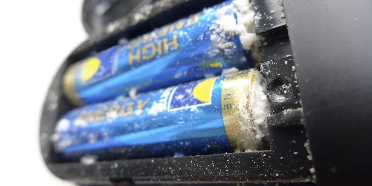 Ausgelaufene Batterie reinigen: Weißer Belag auf Batterien im Batteriefach.