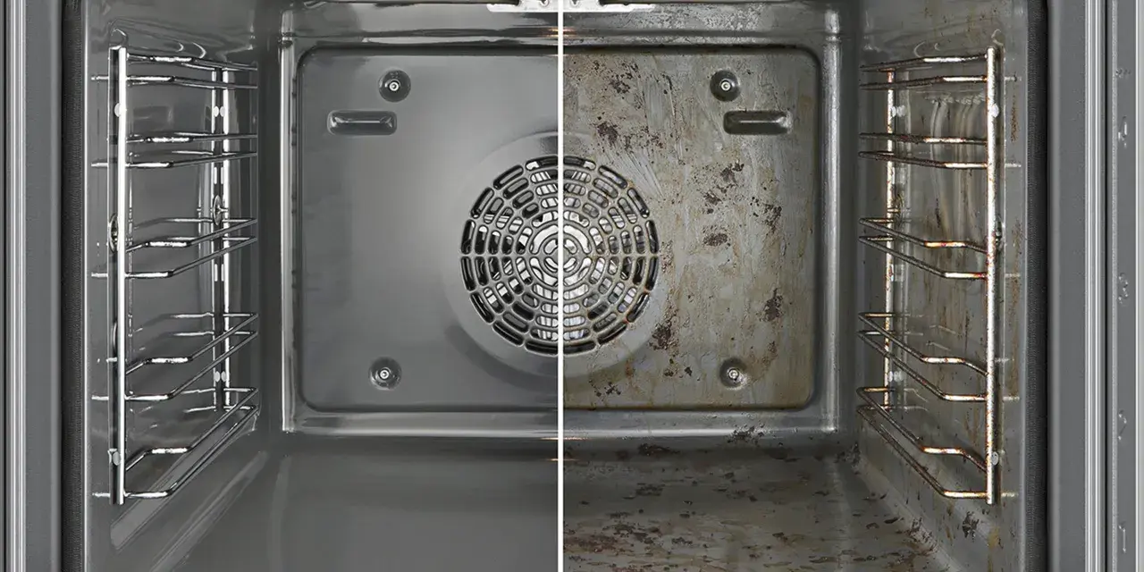 Vorher-Nachher-Vergleich: Ein sauberer Backofen links, ein stark verschmutzter Backofen rechts. So sieht ein Backofen reinigen aus.
