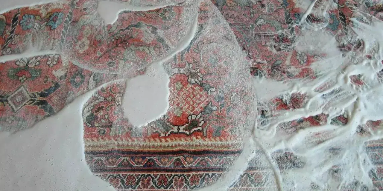 Schaum bedeckt einen detailreichen Perserteppich. Der Prozess, einen Perserteppich zu reinigen, beginnt mit sanfter Schaumbildung.