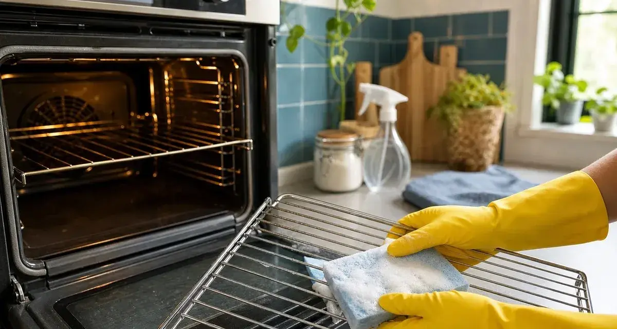 Hände mit gelben Handschuhen reinigen den Ofenrost mit einem blauen Schwamm.