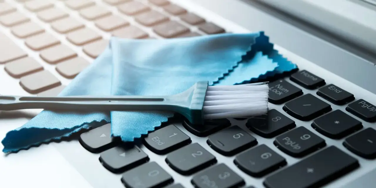 Pinsel und Mikrofasertuch liegen bereit für die laptop tastatur reinigen. So bleibt dein Gerät sauber und einsatzbereit.