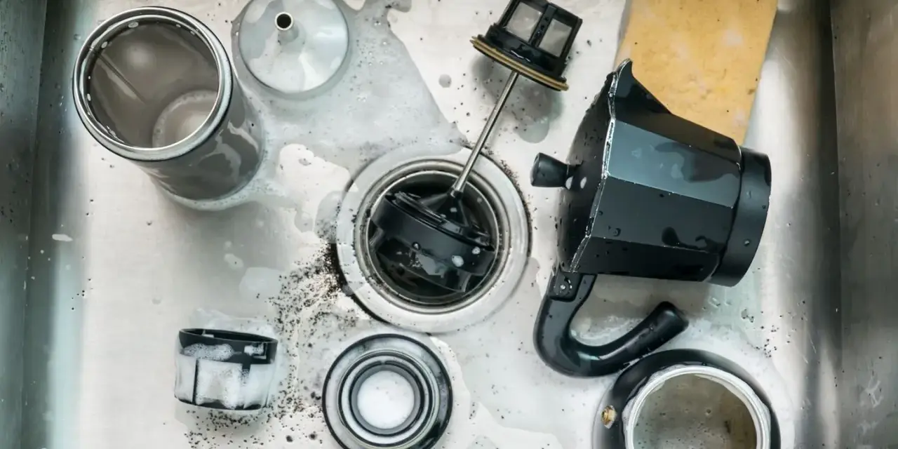 Zerlegte Edelstahl-Kaffeekanne mit Schaum und Kaffeesatz in der Spüle. Reinigung einer Espressokanne.