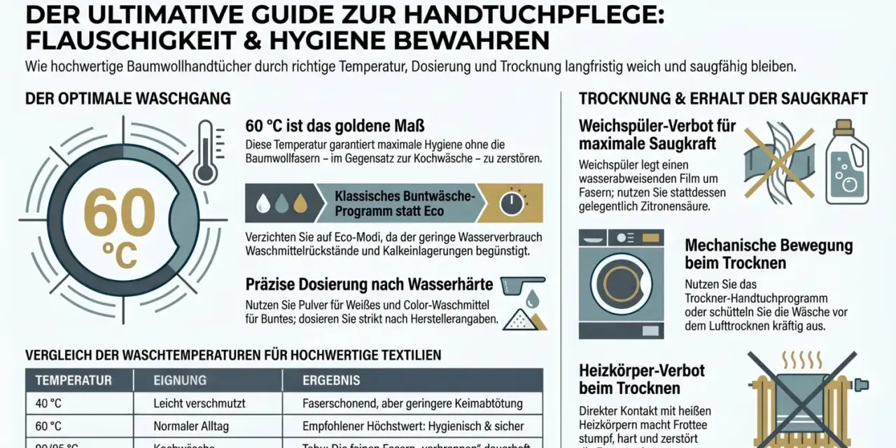 Anleitung zum Handtuch waschen bei 60°C für Hygiene und Flauschigkeit. Vermeide Weichspüler und Heizkörper beim Trocknen.