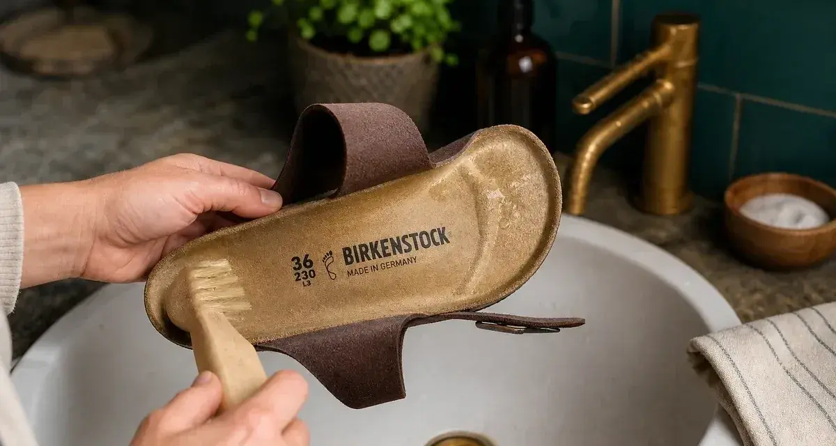 Hände reinigen Birkenstock-Sohle mit Bürste. So bleiben deine Lieblingsschuhe frisch und sauber.