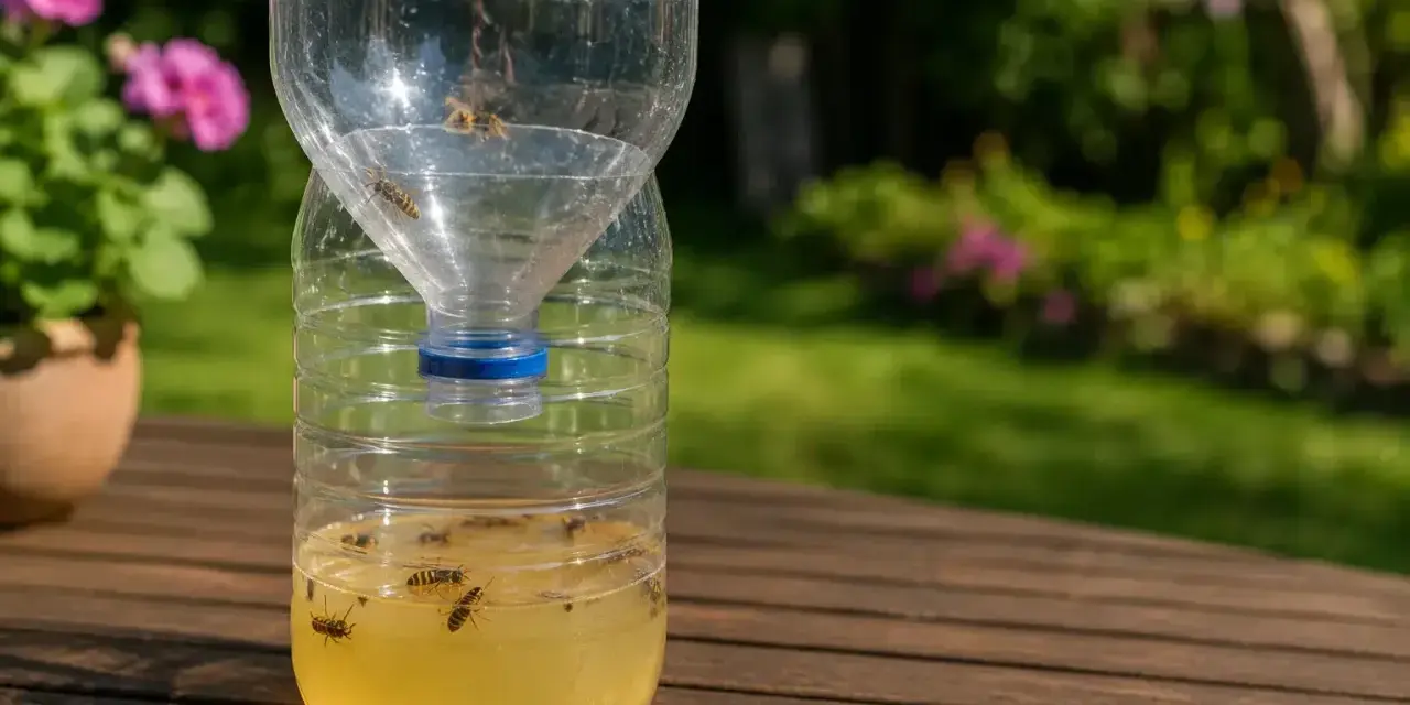 Selbstgemachte Wespenfalle aus einer PET-Flasche mit süßer Flüssigkeit, die viele Wespen gefangen hat. Ein einfaches Hausmittel gegen lästige Insekten.