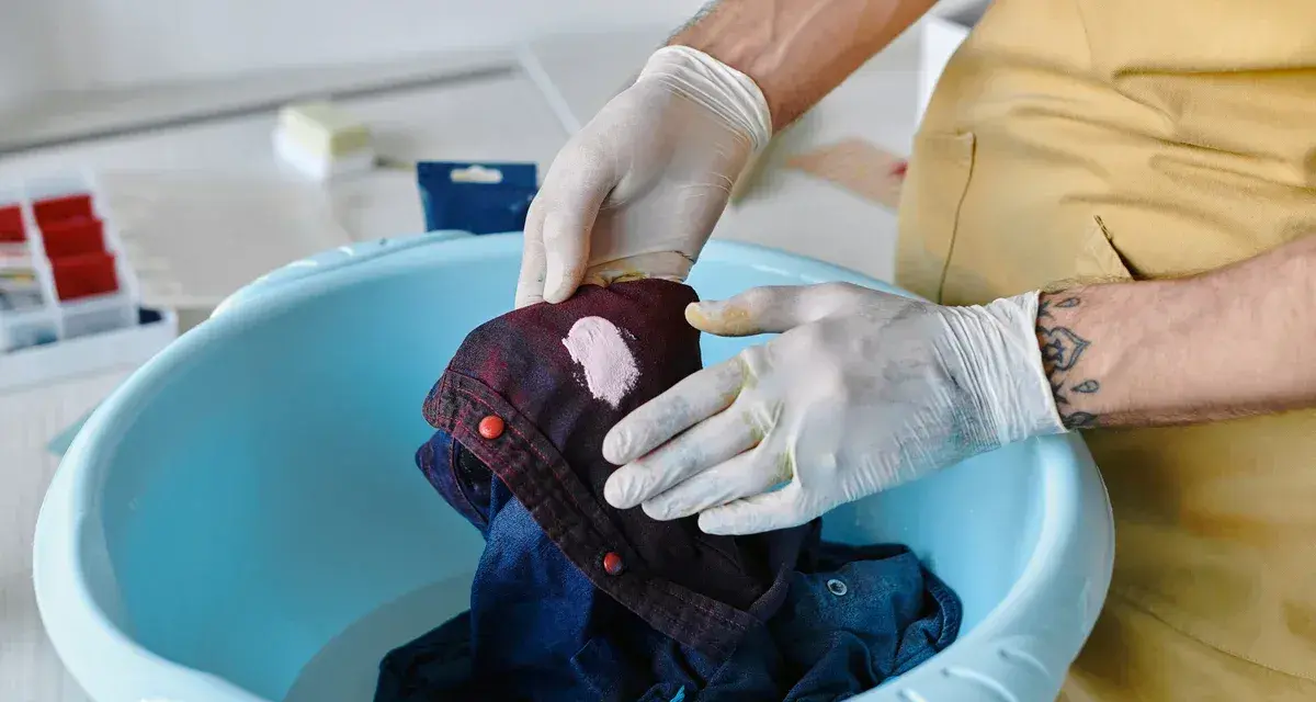 Hände mit Handschuhen behandeln einen Fleck auf einem dunkelblauen Hemd in einer blauen Schüssel. Tipps zur Entfernung von Fettflecken aus Polyester.