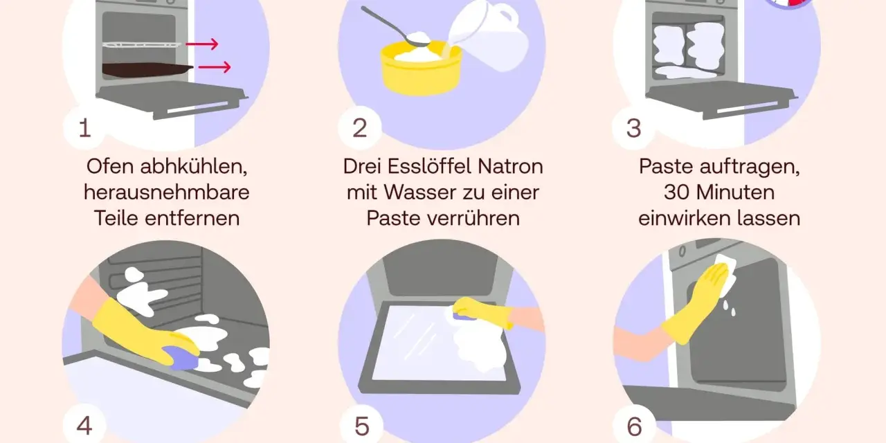Schritt-für-Schritt-Anleitung, wie man mit Natronpaste hartnäckige Verschmutzungen und den **backofen geruch entfernen** kann.