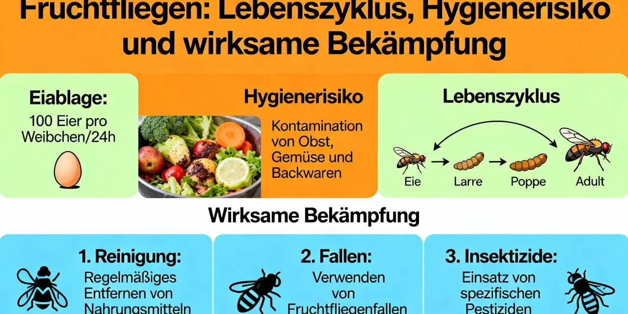Der Lebenszyklus von Fruchtfliegen: Eiablage, Larve, Puppe, Adult. Sie legen 100 Eier/24h. Wie lange leben Fruchtfliegen? Das Bild zeigt auch Risiken und Bekämpfung.