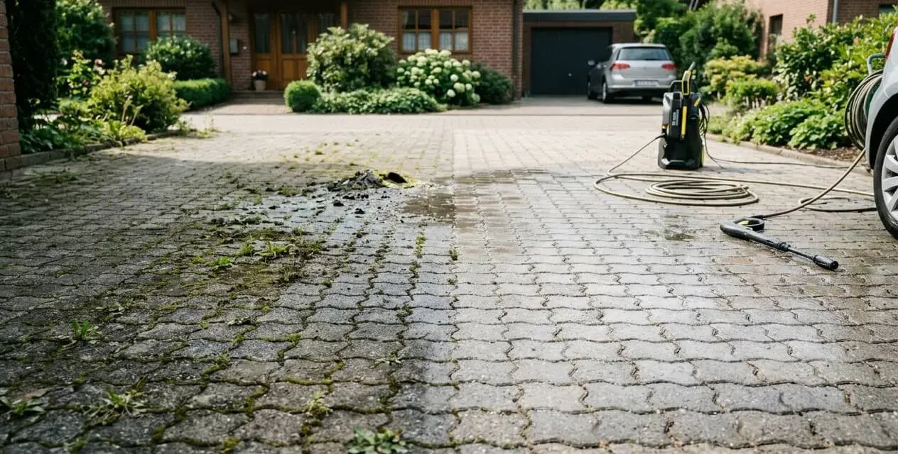 Hochdruckreiniger befreit Pflastersteine und Fugen von Moos und Schmutz. Vorher-Nachher-Effekt auf der Einfahrt vor einem Haus.