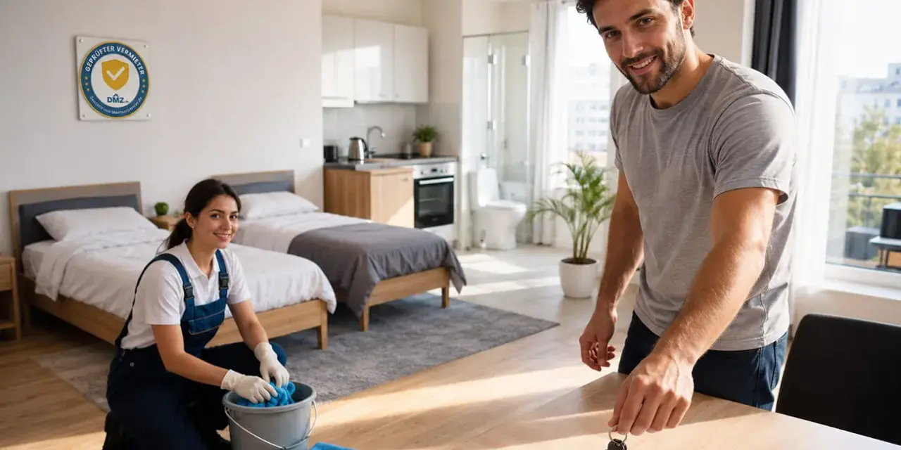 Professionelle **Endreinigung Ferienwohnung**: Eine Frau reinigt mit Handschuhen, ein Mann übergibt Schlüssel.