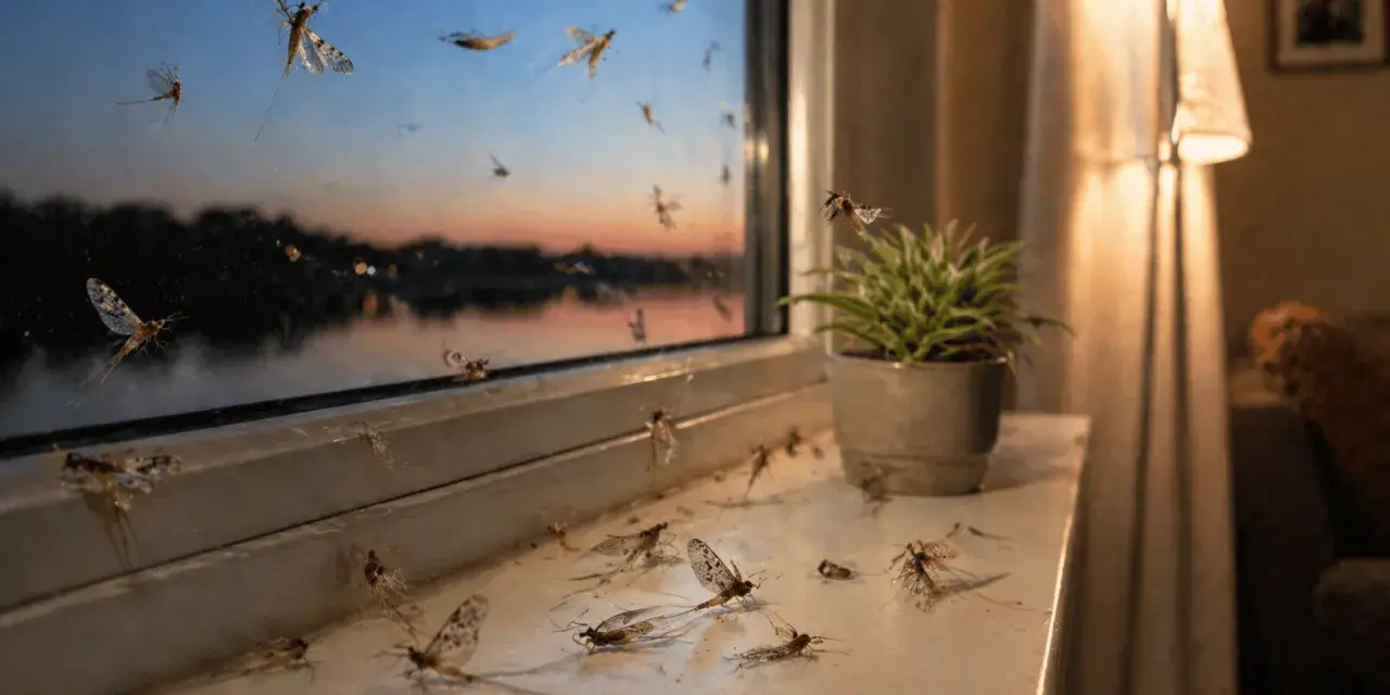 Viele Eintagsfliegen sitzen am Fenster und auf der Fensterbank. Ein Versuch, die Insekten loswerden, bevor sie sich vermehren.