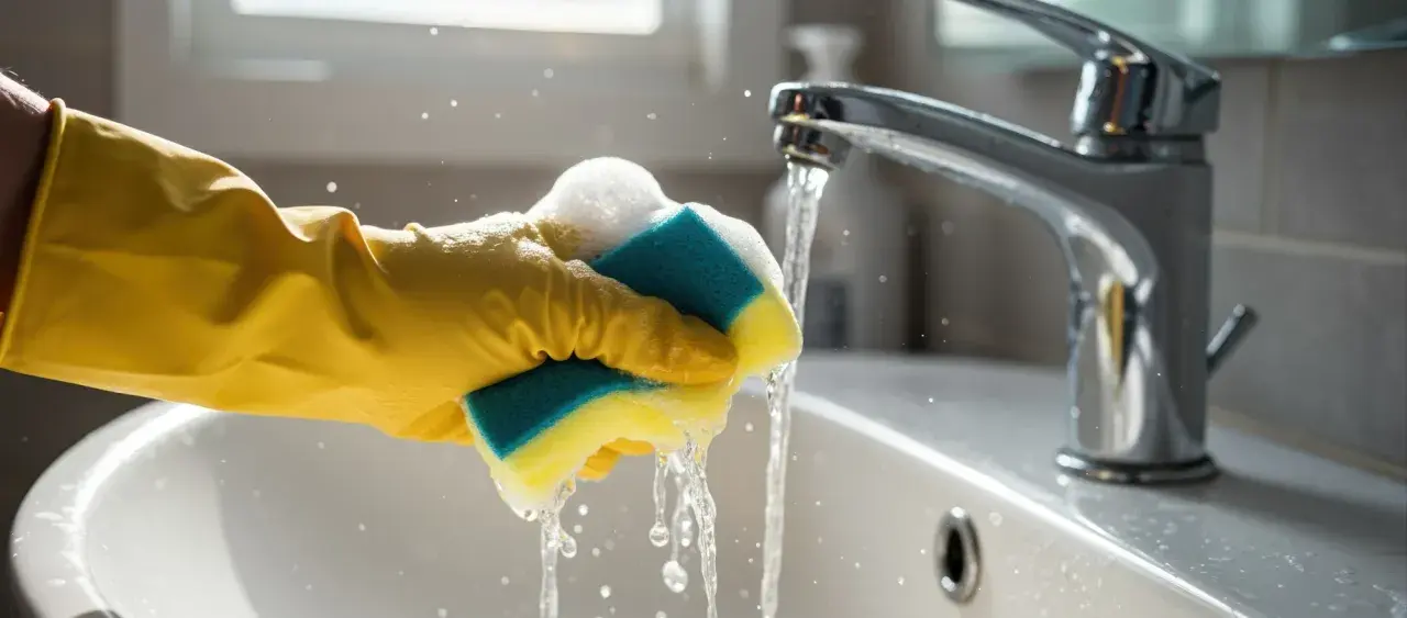 Gelbe Handschuhe reinigen mit einem nassen Schwamm das Waschbecken. Wasser spritzt.