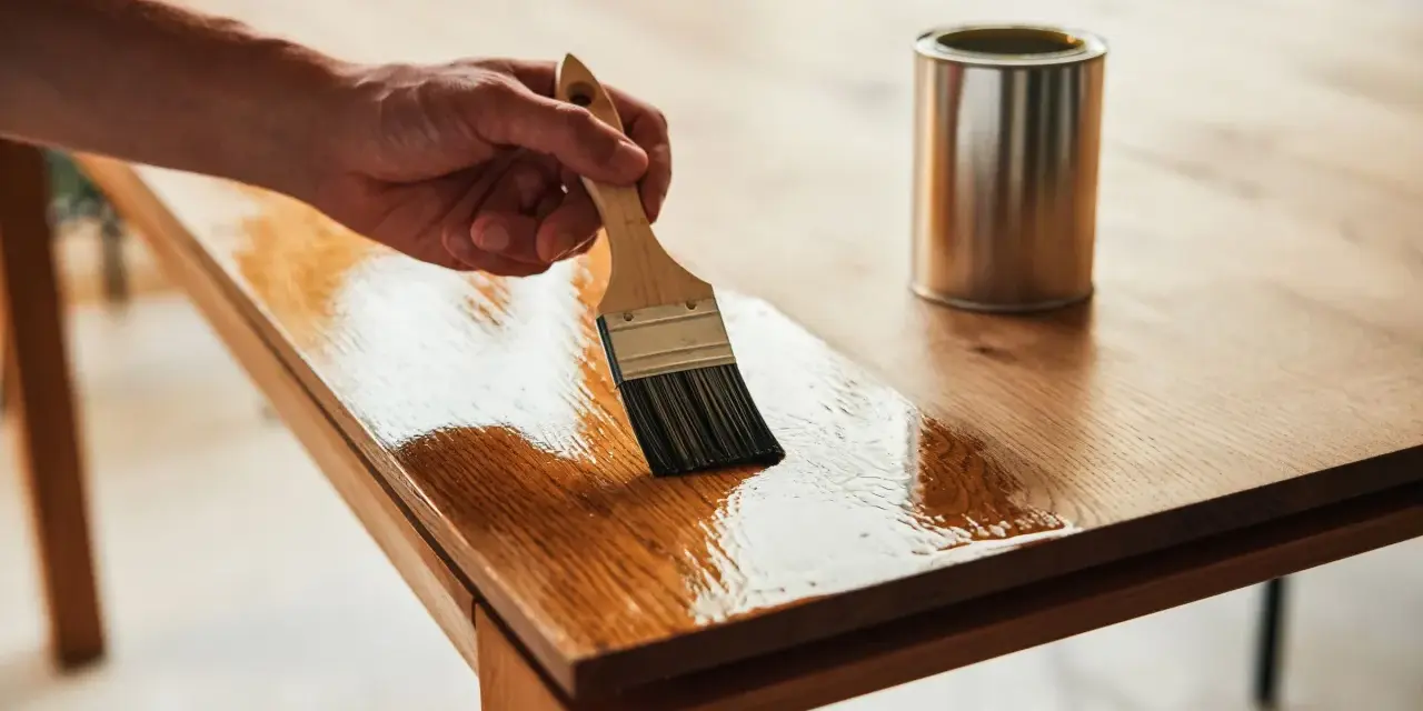 Hand streicht mit Pinsel Öl auf einen Holztisch. Dose daneben. Holztisch reinigen und pflegen.