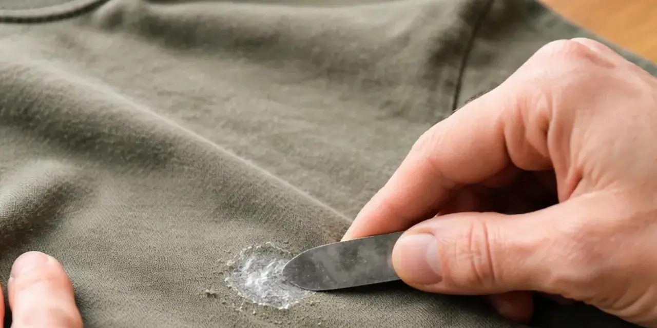 Mit einem Spachtel wird versucht, hartnäckiges Silikon aus Kleidung zu entfernen.