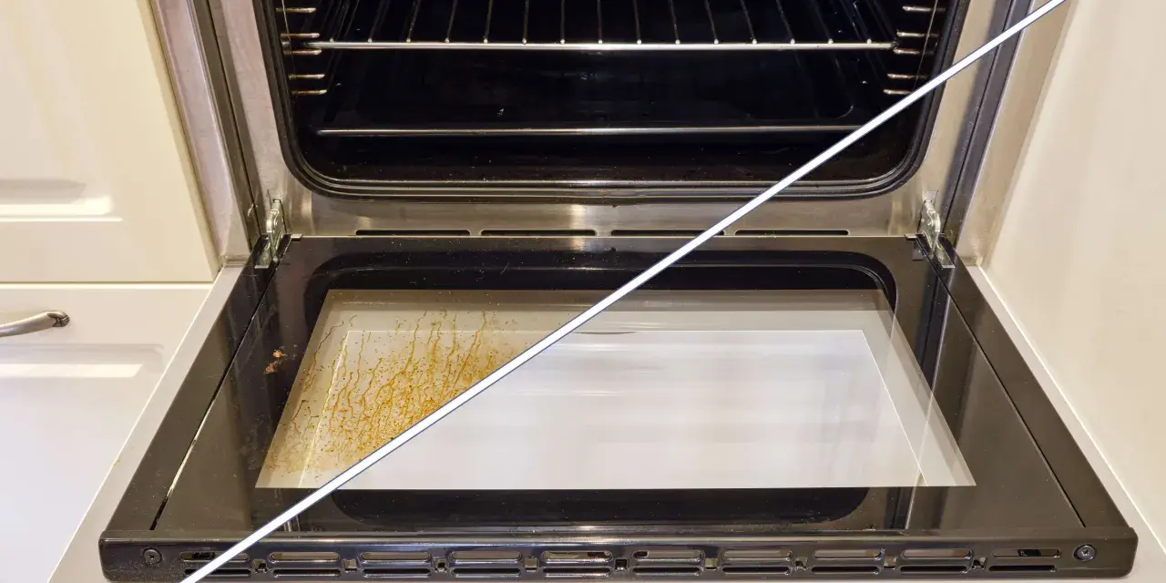 Vorher-Nachher-Vergleich: Fettige Spritzer auf der Backofen-Zwischenscheibe, die nun sauber ist. So reinigen Sie den Backofen zwischen den Scheiben ohne Ausbau.