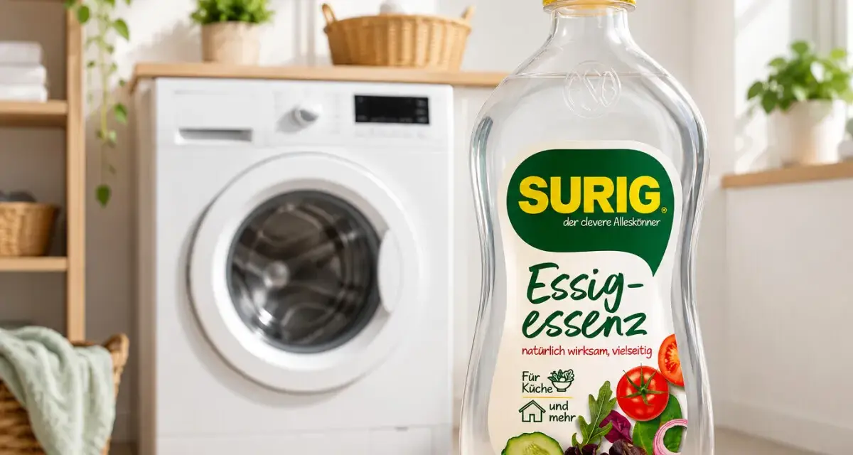 Eine Flasche Essigessenz steht vor einer Waschmaschine. Perfekt für die Küche und mehr, auch für die Wäsche!
