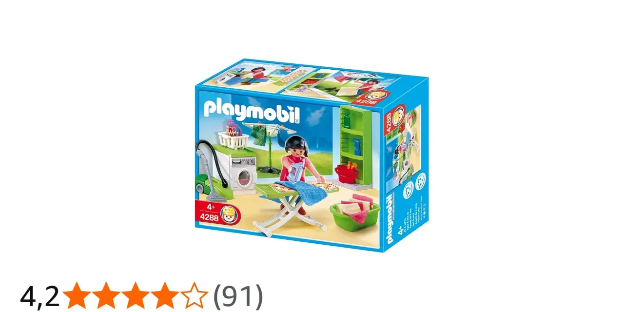Playmobil-Set zum Thema "playmobil reinigen": Bügeln, Waschen und Staubsaugen mit niedlichen Figuren und Zubehör.