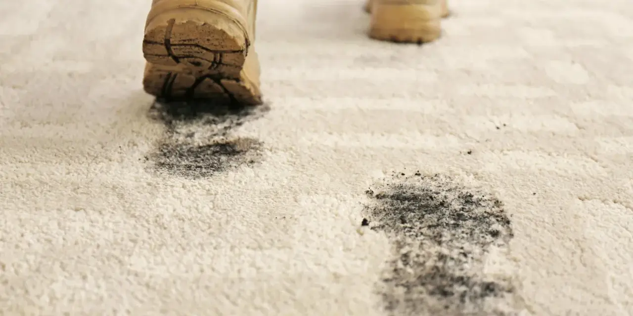 Schmutzige Stiefel hinterlassen Spuren auf dem hellen Teppich. Zeit für den outdoor teppich reinigen.