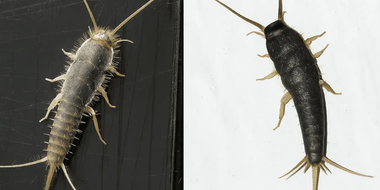 Zwei Silberfische: einer silbrig-grau mit vielen feinen Härchen, der andere dunkelgrau. Sie zeigen, wie sehen silberfische aus.