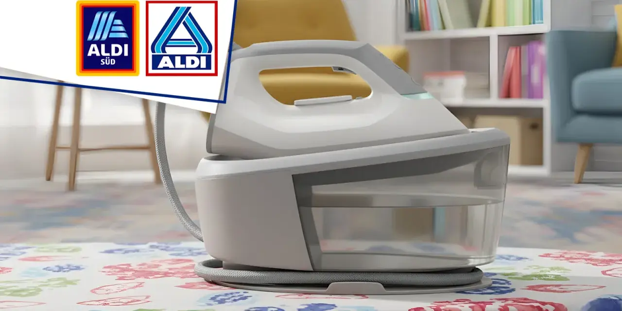Modernes Aldi Bügeleisen mit großem Wassertank auf bunt gemustertem Tisch.
