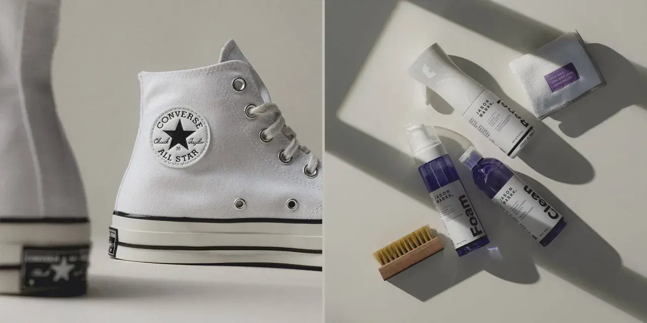 Weiße Converse und Pflegeprodukte für sneakers reinigen. Ein Set mit Bürste, Schaumreiniger und Imprägnierspray.