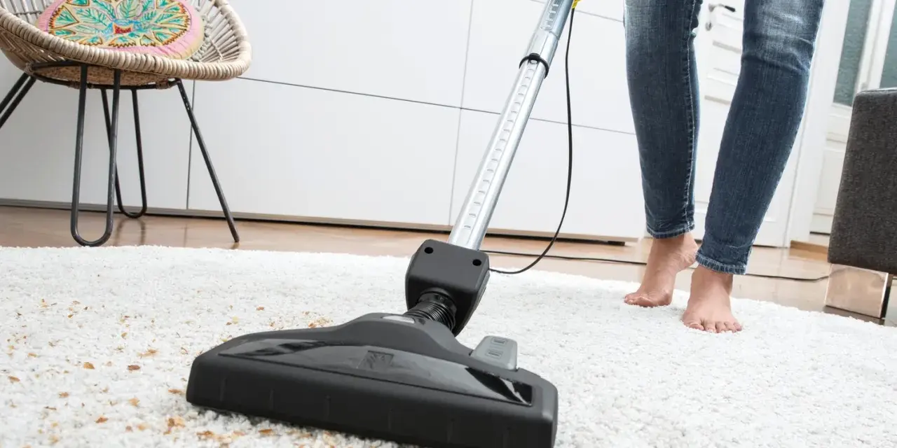 Eine Person saugt mit einem Sapur Teppichreiniger einen weißen Teppich ab. Die Anleitung ist hier nicht sichtbar, aber das Ergebnis wird sauber sein.
