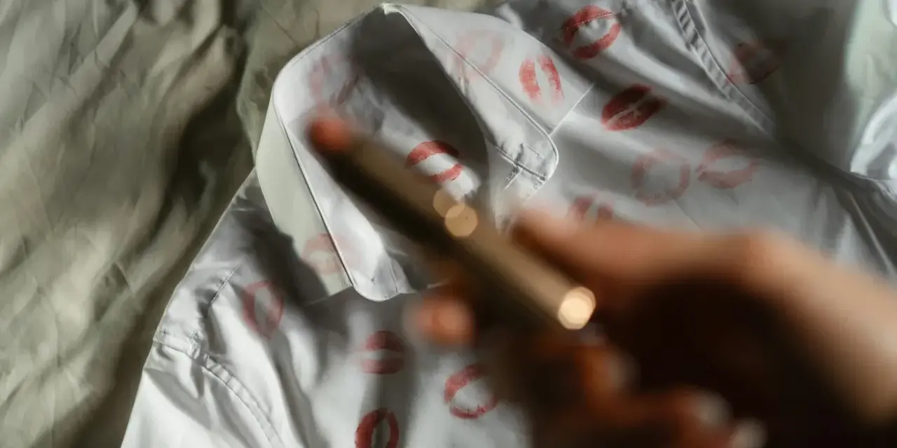 Lippenstiftflecken auf weißem Hemd. Ein Lippenstift wird gehalten, um die Flecken zu entfernen.