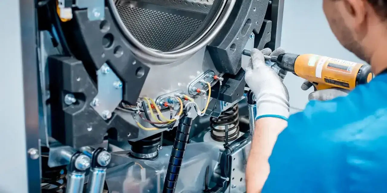 Techniker repariert die Schleudermechanik einer Waschmaschine mit einem Schrauber.