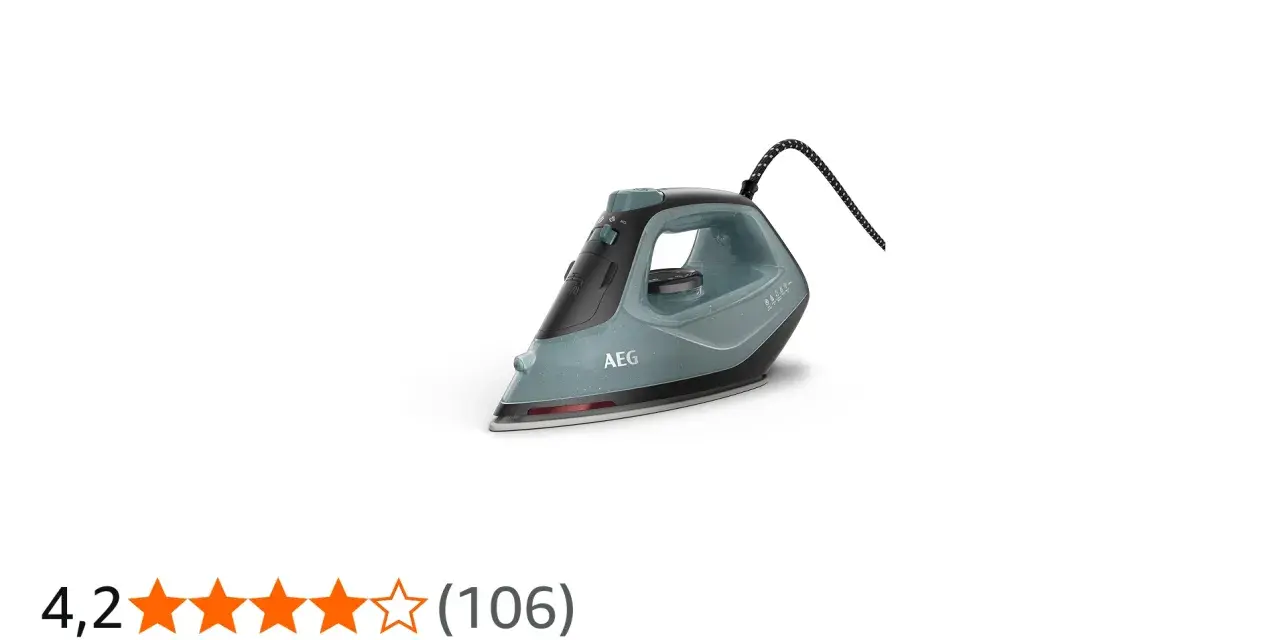 AEG Dampfbügeleisen in Türkis und Schwarz, mit Kabel und Wassertank. Perfekt für faltenfreie Kleidung.