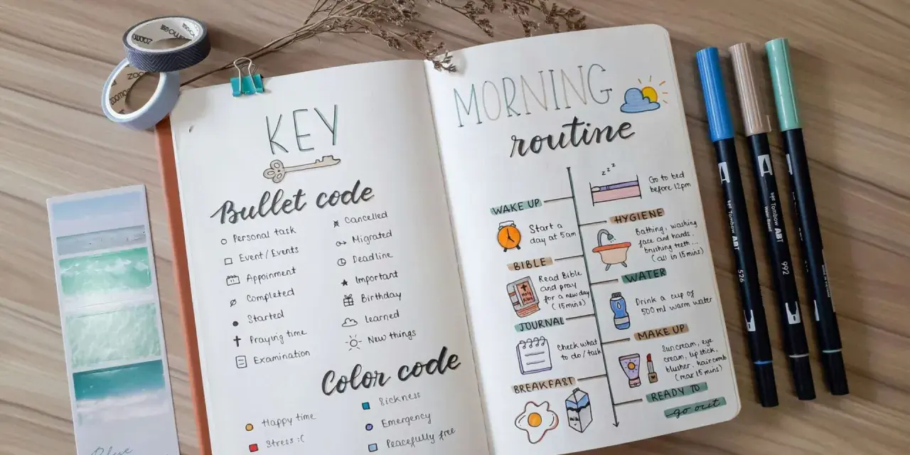 Bullet journal mit Morgenroutine und Farbcode, um Ordnung zu halten.