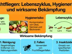 Der Lebenszyklus von Fruchtfliegen: Eiablage, Larve, Puppe, Adult. Sie legen 100 Eier/24h. Wie lange leben Fruchtfliegen? Das Bild zeigt auch Risiken und Bekämpfung.