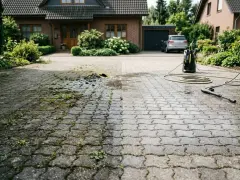 Hochdruckreiniger befreit Pflastersteine und Fugen von Moos und Schmutz. Vorher-Nachher-Effekt auf der Einfahrt vor einem Haus.