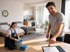Professionelle **Endreinigung Ferienwohnung**: Eine Frau reinigt mit Handschuhen, ein Mann übergibt Schlüssel.