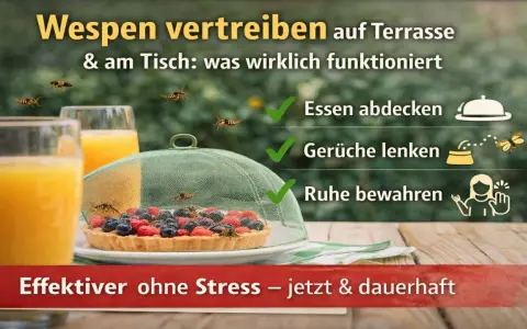 Tipps gegen Wespen: Essen abdecken, Gerüche umlenken, Ruhe bewahren. So vertreiben Sie Wespen effektiv vom Tisch.