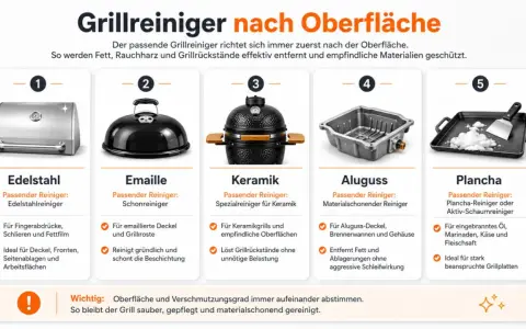 Fünf Grilltypen mit passenden Reinigern: Edelstahl, Emaille, Keramik, Aluguss und Plancha. So gelingt der Grillrost reinigen mühelos.