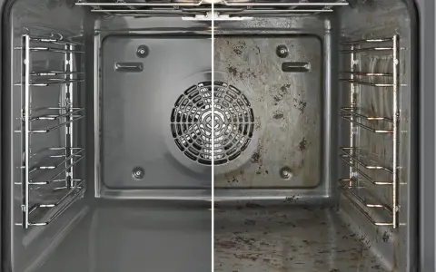 Vorher-Nachher-Vergleich: Ein sauberer Backofen links, ein stark verschmutzter Backofen rechts. So sieht ein Backofen reinigen aus.