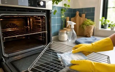 Hände mit gelben Handschuhen reinigen den Ofenrost mit einem blauen Schwamm.
