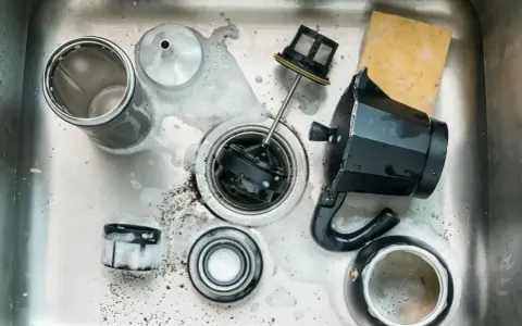 Zerlegte Edelstahl-Kaffeekanne mit Schaum und Kaffeesatz in der Spüle. Reinigung einer Espressokanne.
