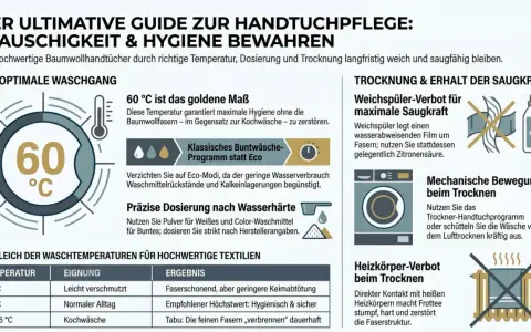 Anleitung zum Handtuch waschen bei 60°C für Hygiene und Flauschigkeit. Vermeide Weichspüler und Heizkörper beim Trocknen.