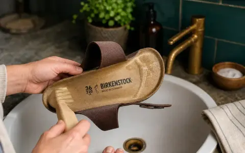 Hände reinigen Birkenstock-Sohle mit Bürste. So bleiben deine Lieblingsschuhe frisch und sauber.