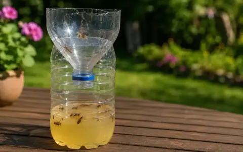 Selbstgemachte Wespenfalle aus einer PET-Flasche mit süßer Flüssigkeit, die viele Wespen gefangen hat. Ein einfaches Hausmittel gegen lästige Insekten.