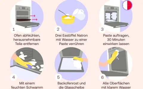 Schritt-für-Schritt-Anleitung, wie man mit Natronpaste hartnäckige Verschmutzungen und den **backofen geruch entfernen** kann.