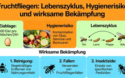Der Lebenszyklus von Fruchtfliegen: Eiablage, Larve, Puppe, Adult. Sie legen 100 Eier/24h. Wie lange leben Fruchtfliegen? Das Bild zeigt auch Risiken und Bekämpfung.