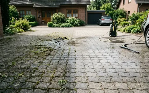 Hochdruckreiniger befreit Pflastersteine und Fugen von Moos und Schmutz. Vorher-Nachher-Effekt auf der Einfahrt vor einem Haus.